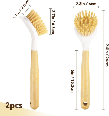 2 Pack Kitchen Scrub Brushes for Cleaning Dish Brush with Handle for Pans, Pots, Kitchen Sink Cleaning Scrub Brushes (Wooden Handle)