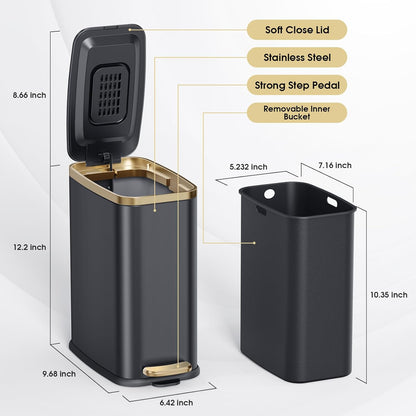 CEROELDA Small Bathroom Trash Can with Lid Soft Close-5L/1.3 Gal Slim Garbage Can-Metal Step Wastebasket-Rectangle Narrow Waste Bin for Office, Bedroom, Toilet, Live Room-Black