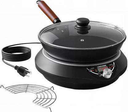 Induction Wok Cooktop, Induction Burner & Carbon Steel Wok with Lid, Rack, 16 Levels Power & Temprature Control, 18 Hours Timer, Auto-off Electric Wok 1700W (Black 110V~120V)