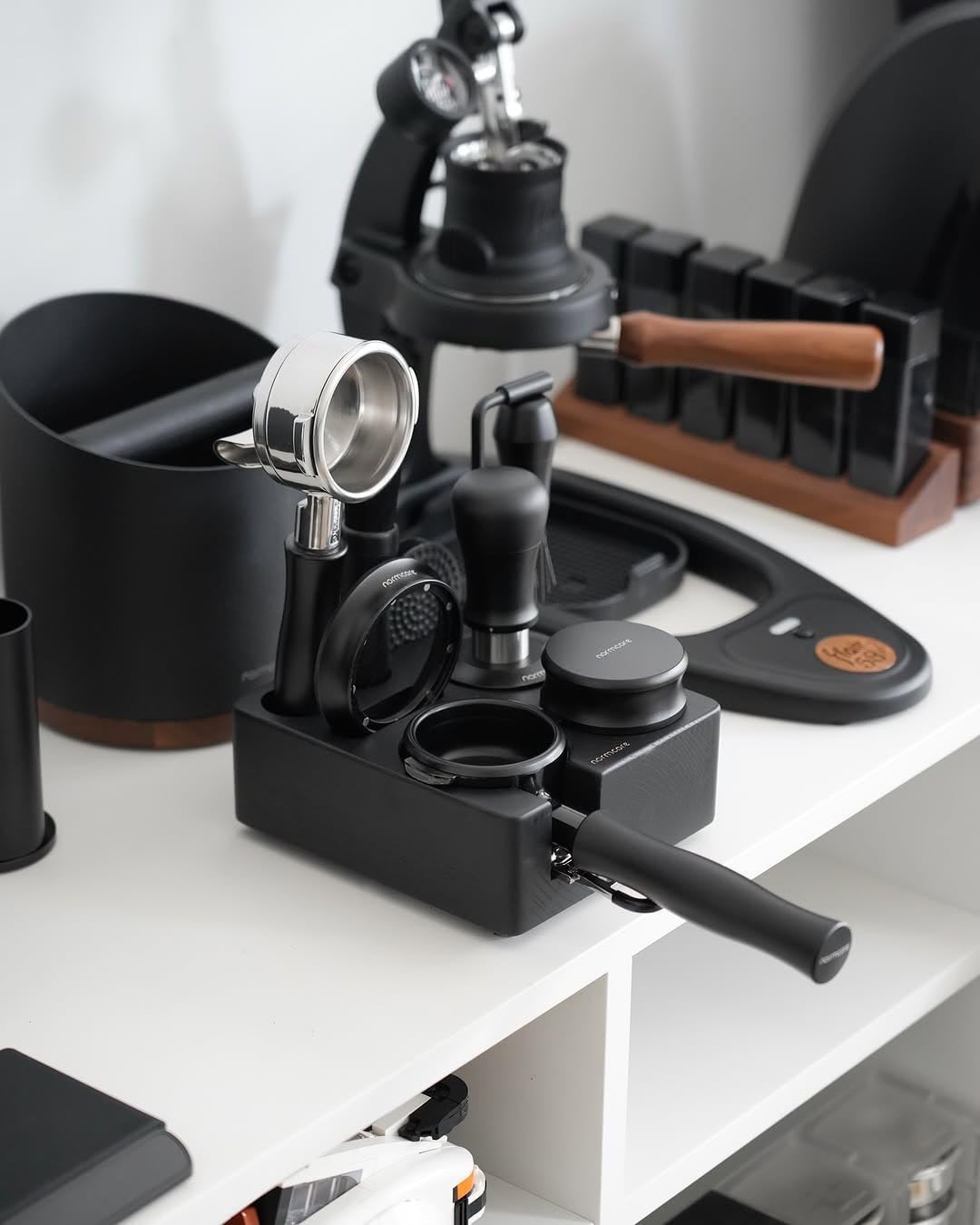 Normcore Espresso Tamping Station, Genuine American Black Ashwood, Coffee Tamper, Distributor, WDT, Puck Screen, Portafilter Holder Stand, Solid Black Ashwood for 58mm Espresso Machine Accessories