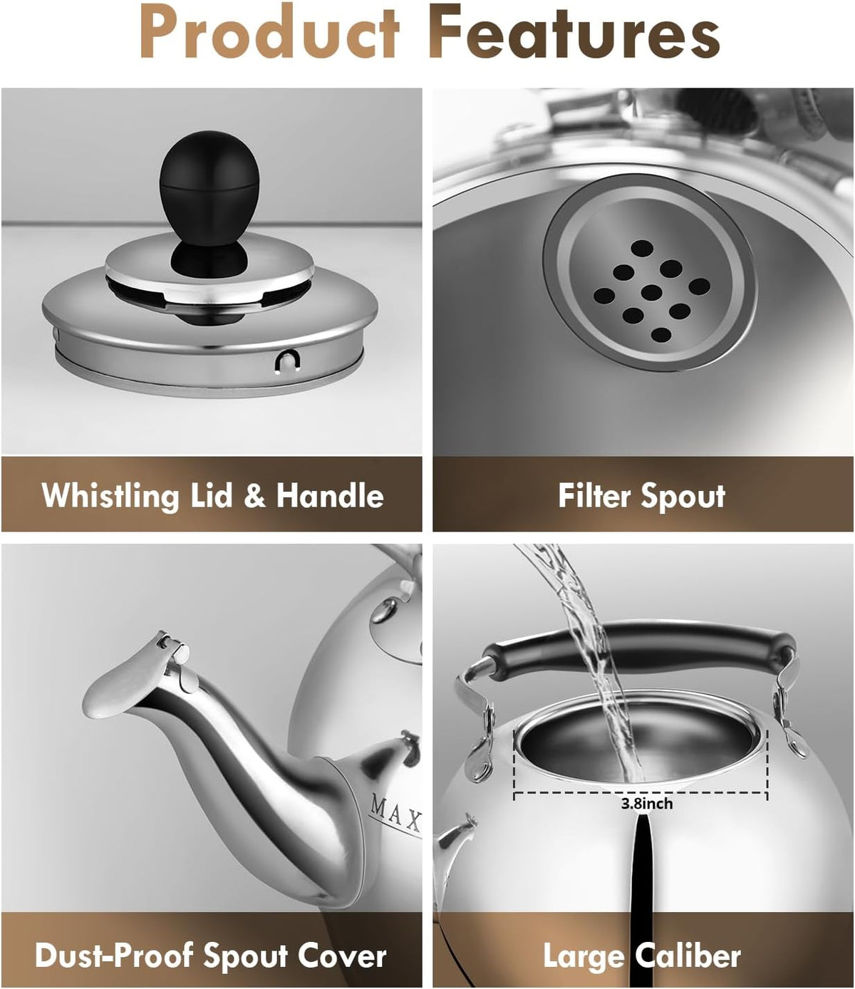 Stovetop Tea Kettle with Whistle - 2.0 Quart 18/8 Stainless Steel Tea Pot for Gas Stove &amp; Electric Coil Stovetop, Food-Safe, Easy-Pour Spout, Mirror Polished Classic Water Kettle