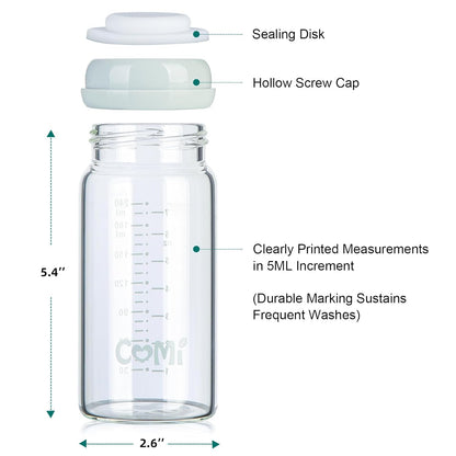 COMI Wide Neck Glass Breastmilk Collection n Storage Bottle, 6 Packs, 8oz with Screw Ring Sealing Disk; Re-markable Sealing Disc. BPA Free, Fits Breast Pumps & Nipples (3 Gray Lids + 3 Pink Lids)