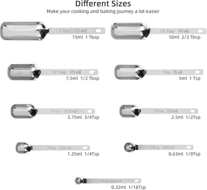 Stainless Steel Measuring Spoons - 10 Piece Set, Metric & US, Long Handle, Ideal for Kitchen & Baking, Includes 1/16Tsp & 2/3Tbsp for Spice Jars