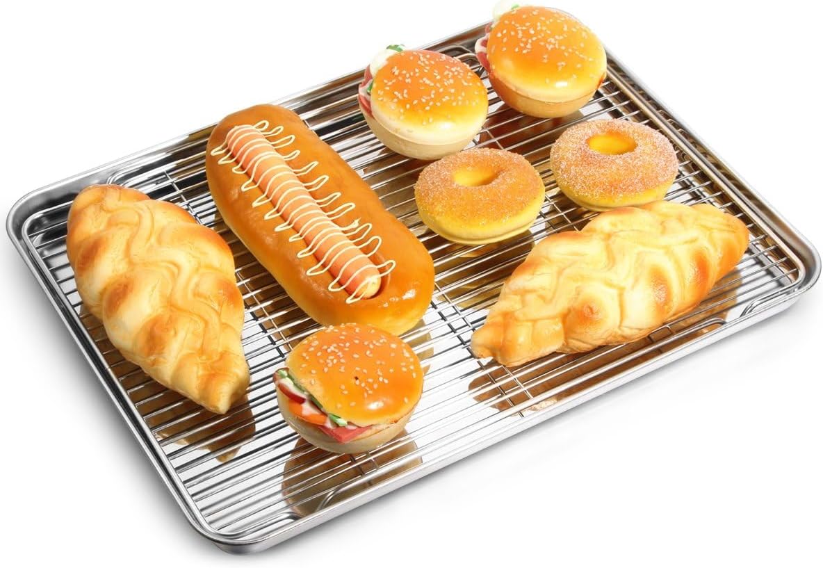 Baking Sheet with Cooling Rack Set (2 Pans + 2 Racks), Yododo Stainless Steel Baking Pan Cookie Sheet Cookie Pan with Rack, Size 16 x 12 x 1 Inch, Mirror Finish & Non Toxic & Heavy Duty & Easy Clean