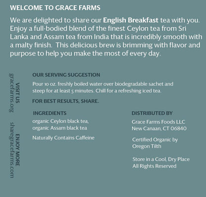 Grace Farms Organic English Breakfast Black Tea, 16 Pyramid Sachets | Fairtrade & Kosher |Gives Back 100% of Profits