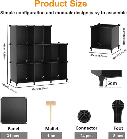 AWTATOS 8 Cube Storage Organizer, Closet Organizer Storage Shelf, Bookcase Bookshelf, DIY Stackable Storage Cubes Shelves for Closet, Bedroom, Home, Office, Black