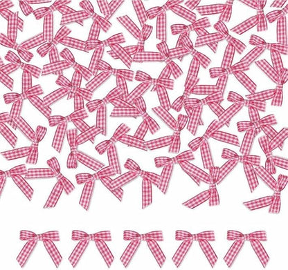 Meseey 100 Pcs 1.5 Inches Premade Craft Bows Self Adhesive Hot Pink and White Plaid Satin Ribbon Bows for Treat Bags Gift Wrapping Basket Wedding Baby Shower Brithday Party(Hot Pink and White Plaid)