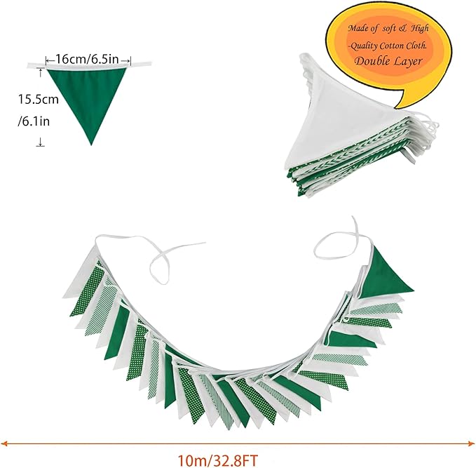 Zwiebeco 32Ft Green White Stripe Dot Fabric Bunting Banner Triangle Flags Cotton Garland Pennant for Birthday Wedding Baby Shower Hen Spring Tea Party Classroom Nursery Home Outdoor Garden Decorations