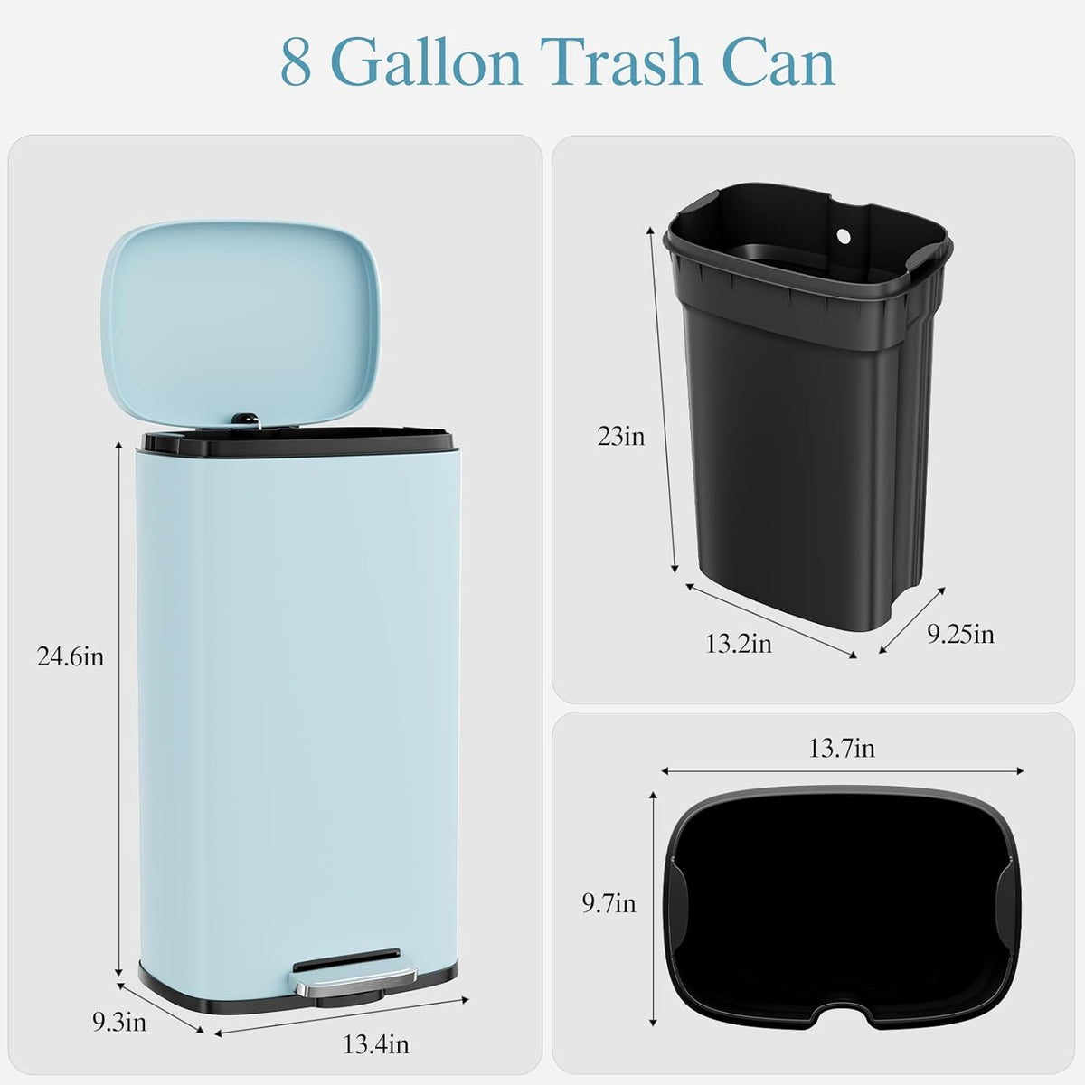 AthLike Trash Can, Stainless Steel Kitchen Garbage Can, Step Waste Bin with Hinged Lid and Removable Inner Bucket, Soft-Close, Dustbin for Bathroom Bedroom Living Room Home (Tide Pool Blue, 8 Gal)