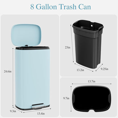 AthLike Trash Can, Stainless Steel Kitchen Garbage Can, Step Waste Bin with Hinged Lid and Removable Inner Bucket, Soft-Close, Dustbin for Bathroom Bedroom Living Room Home (Tide Pool Blue, 8 Gal)