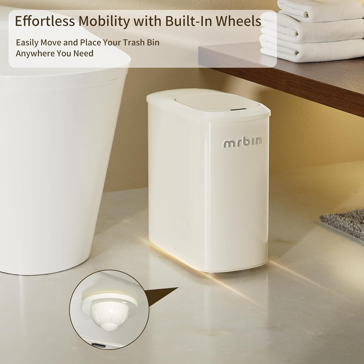MRBIN Motion Sensor Bathroom Metal Trash Can with Lid and Wheels, 10L/2.6gal Automatic Removable Slim Electric Narrow Waste Basket for Near Desk Office, Bedroom, Kitchen, Rv, White