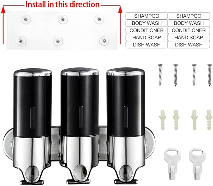No-Drill 3 Pack 500ml Wall Mounted Soap Dispenser for Bathroom and Kitchen, Shampoo and Conditioner Dispenser Drill Free with Adhesive(Round-Black)