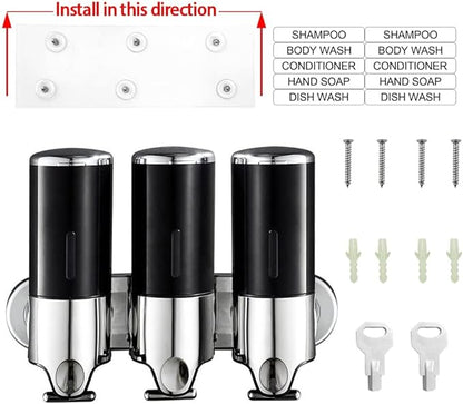 No-Drill 3 Pack 500ml Wall Mounted Soap Dispenser for Bathroom and Kitchen, Shampoo and Conditioner Dispenser Drill Free with Adhesive(Round-Black)