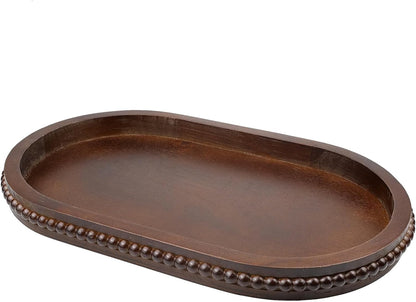 Oval Wood Decorative Tray with Wooden Beads, Vintage Serving Platter Tray for Ottoman, Coffee Table, Entertaining, Kitchen Counter Organizer