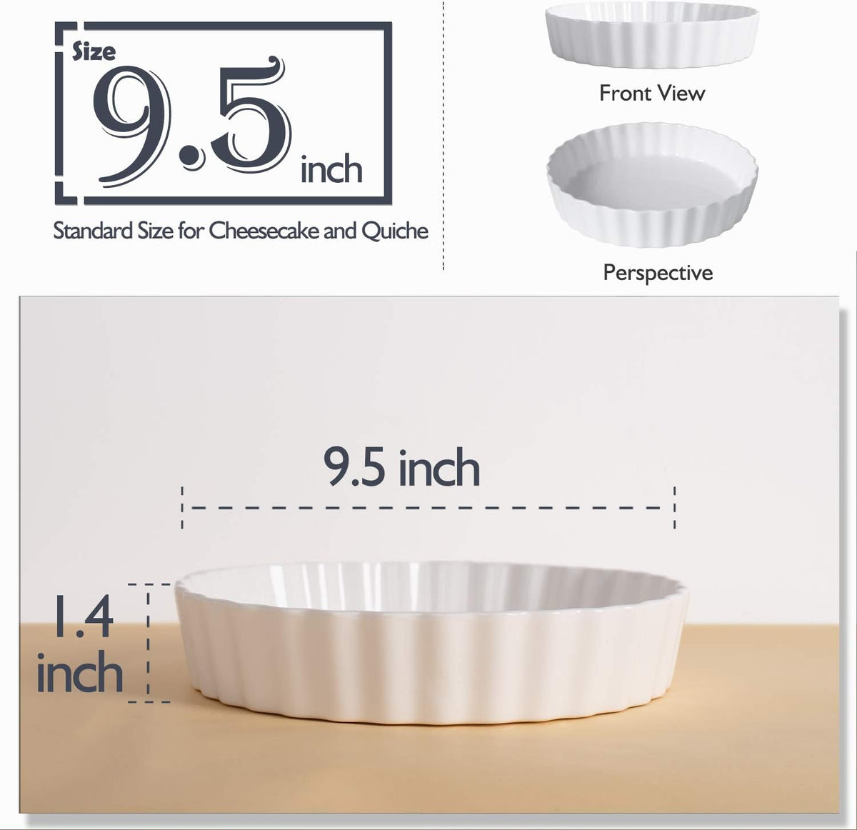 Delling Set of 2 Tart Pans, 9.5 inch Quiche Pan, Ceramic Fluted Quiche Baking Dish/Pie Pan, Perfect for Baking Tart Pies and Chicken Pot Pie