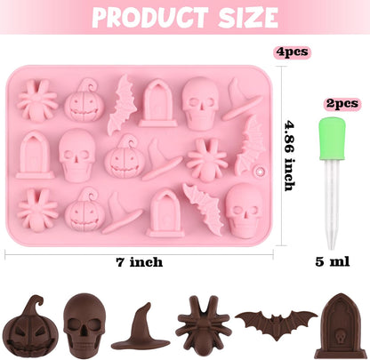 Actvty Halloween Chocolate Silicone Mold, 4 Packs Candy Gummy Molds of 18 Cavity with Skull Pumpkin Ghost Witch Hat Bat Spider Tombstone Shapes for