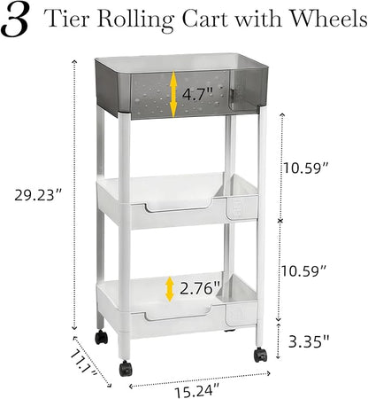 3 Tier Rolling Cart with Wheels 4.7'' Deep Baskets Bathroom Storage Shelf Heavy Duty Plastic Bedside Cart, Large Capacity Snack Stand Diaper Caddy Laundry Room Kitchen Organizer, White