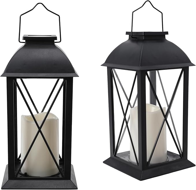2 Pack Outdoor Solar Lantern 12" Battery Hanging Lanterns Waterproof Vintage Classics Flickering Flameless Candle Lanterns for Patio, Table, Party, Garden, Table, Kitchen
