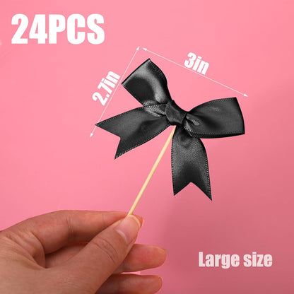 24Pcs Bow Cupcake Toppers - Black Bow Cake Topper Birthday Decorations, Bowknot Cupcake Picks for Coquette Bow Theme Party Decoration Bachelorette