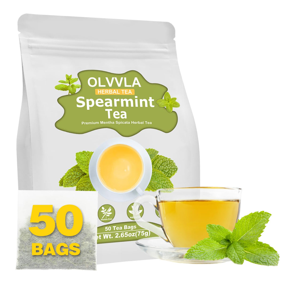 Olvvla - Spearmint Tea Bags - 1.5g X 50 Count - 100% Pure Natural Spearmint Leaves Herbal Tea - Non-GMO - Caffeine-free