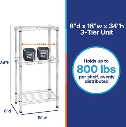 Shelving Inc. 8" d x 18" w Chrome Wire Shelving with 3 Tier Shelves, Weight Capacity 800lbs Per Shelf