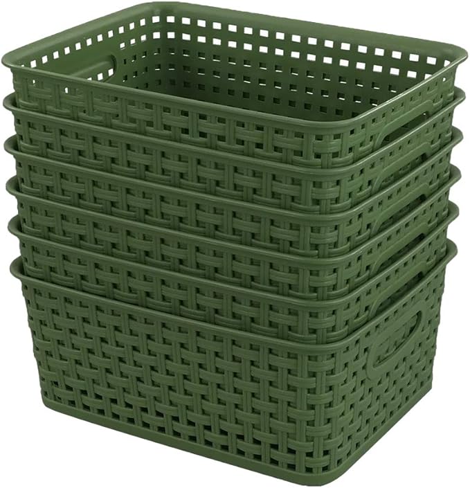 Sandmovie Plastic Weave Storage Baskets for Kitchen Bathroom, Green, 6 Packs