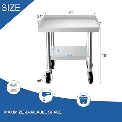 HARDURA Stainless Steel Equipment Work Stand 24" x 24" Prep Table with Under Shelf and Caster for Commercial & Workplace, Home, Hotel, Garage