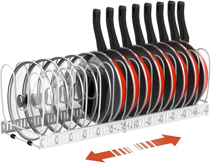 Housolution Pot and Pan Organizer Rack for Cabinet, Upgraded Expandable Pot Lid Organizer with 14 Adjustable Dividers, Pan Holder Storage Rack for Kitchen Cabinet, White