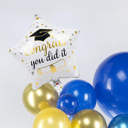 Royal Blue and gold Graduation Balloon Garland Kit with Gaduation cap diploma and explosion star foil balloons for Luxurious Graduation Party Decorations the Class of 2026 supplies