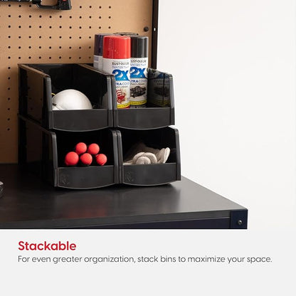 IRIS USA Medium Stackable Storage Bins, 8-Pack, 11" L x 6" W x 5" H, |Made in USA|, Plastic Open Front Shelf Bin for Organizing Parts, Hardware, Tools, Supplies, Garage Shelf, Pantry - Black