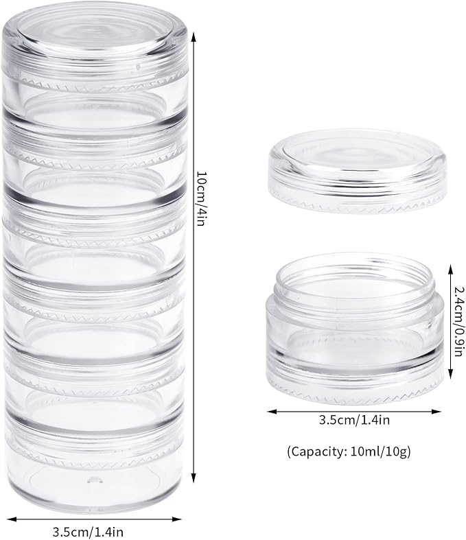 Fengek 6 Sets 6 Layer Stackable Plastic Containers, 10G/10ML Clear Cosmetic Storage Box Round Organizer Jars for Beads, Buttons, Small Jewelry Findings