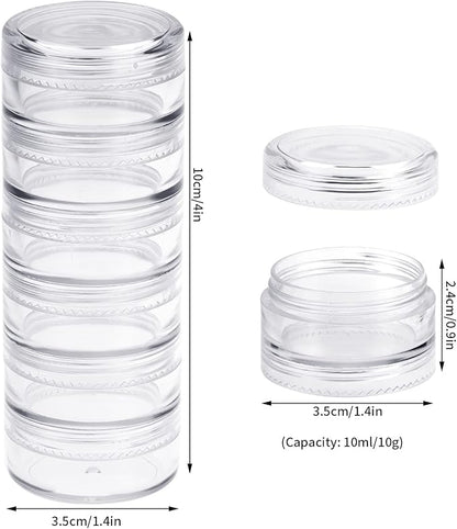 Fengek 6 Sets 6 Layer Stackable Plastic Containers, 10G/10ML Clear Cosmetic Storage Box Round Organizer Jars for Beads, Buttons, Small Jewelry Findings
