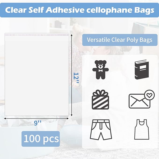 Cellophane Bags, 70 Pcs Resealable Clear Poly Bags for Clothes, Shirt Bag, Decorative Wrappers, Party Favors & Artwork(9x12)