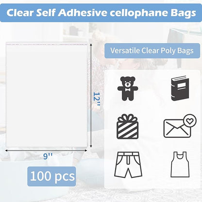 Cellophane Bags, 70 Pcs Resealable Clear Poly Bags for Clothes, Shirt Bag, Decorative Wrappers, Party Favors & Artwork(9x12)