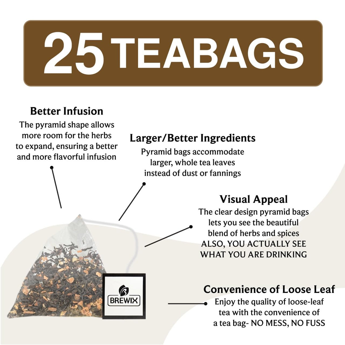 Brewix, Vanilla Spiced Chai Tea (25 Pyramid Tea Bags), High Caffeine, Gluten Free, Blend Of Vanilla & Masala Chai Tea, Black Tea with Cinnamon