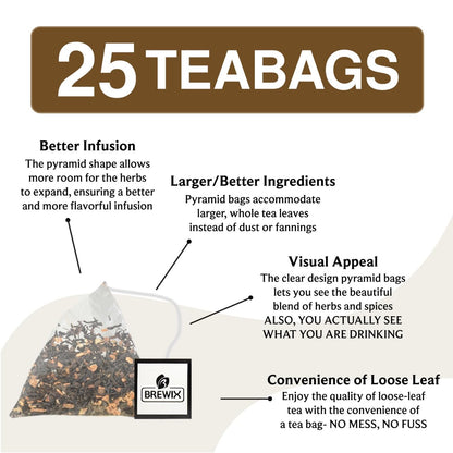 Brewix, Vanilla Spiced Chai Tea (25 Pyramid Tea Bags), High Caffeine, Gluten Free, Blend Of Vanilla & Masala Chai Tea, Black Tea with Cinnamon