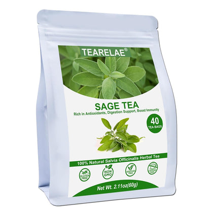 Tearelae - Premium Sage Leaf Tea Bags - 1.5g x 40 Count - Natural Cut & Sifted Sage Herb Salvia Officinalis - Non-GMO - Caffeine-free