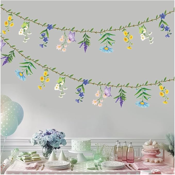 Colorful Flower Banner Ready to Use Double- Sided Reusable Waterproof Wildflower Garland for Wildflower Garden Party Birthday Wedding Baby Shower Supplies Wall Decorations 2 PCS