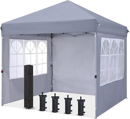 COOSHADE 8x8 Ft Pop up Canopy Tent Enclosed Instant Folding Canopy Shelter with Elegant Church Window Outdoor Pavilion Cater Party Wedding BBQ Events Tent(Grey)