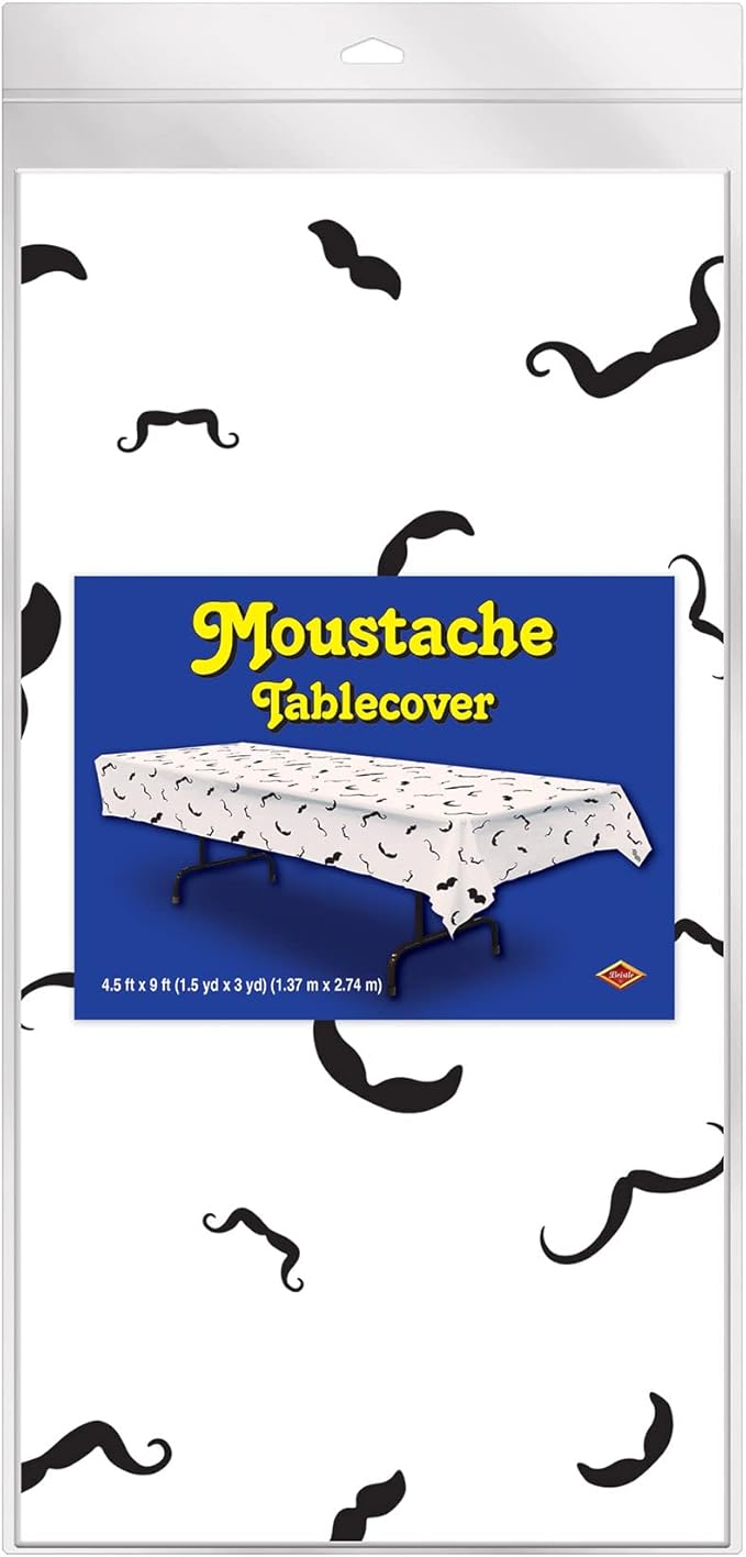 Beistle Moustache Tablecover, 54 by 108-Inch, White/Black, 54" x 108"
