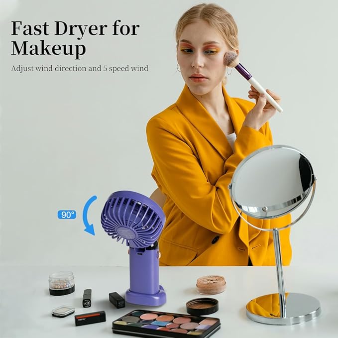 Portable Handheld Fan, 12 hours, Upgrade 3200mAh Portable Fan with LED Display, 90° Foldable, 5 Speed Wind,Hand Held/Neck/Desk 3 in 1 Personal Small Fans, Makeup Fans for Women (Purple)