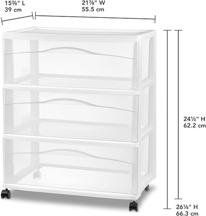 Sterilite Wide 3 Drawer Storage Cart, Plastic Organizer with Wheels, White - Multipurpose Bin for Clothes, Accessories, or Home Accessories