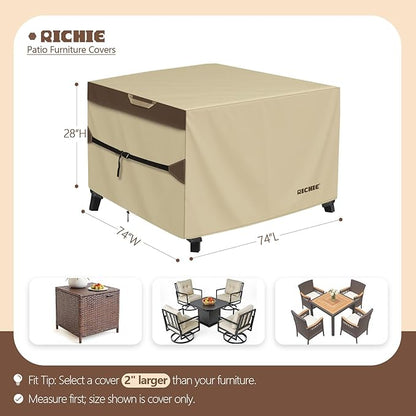 Outdoor Patio Furniture Cover - Heavy Duty Waterproof 600D Tough Canvas Protector for Square Table Cover, All-Season Dining Table and Chair Cover (74L x 74W x 28H Inch)