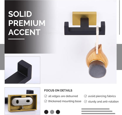 Angle Simple Towel Hook Black & Gold 2 PCS, Stainless Steel Double Hook for Bathroom, Square Robe Hook, Hand Towel Holder for Wall