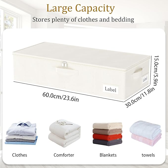 Yawinhe Underbed Bags, Storage Containers Bags with Lid, Foldable Blanket Bins, with Sturdy Zipper und Label Holders, for Clothing, 23.6''Lx11.8''Wx6''H, 4 Pack, Beige
