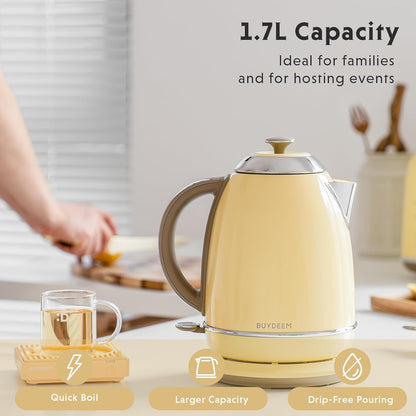 Buydeem K640 Stainless Steel Electric Tea Kettle with Auto Shut-Off and Boil Dry Protection, 1.7 Liter Cordless Hot Water Boiler with Swivel Base