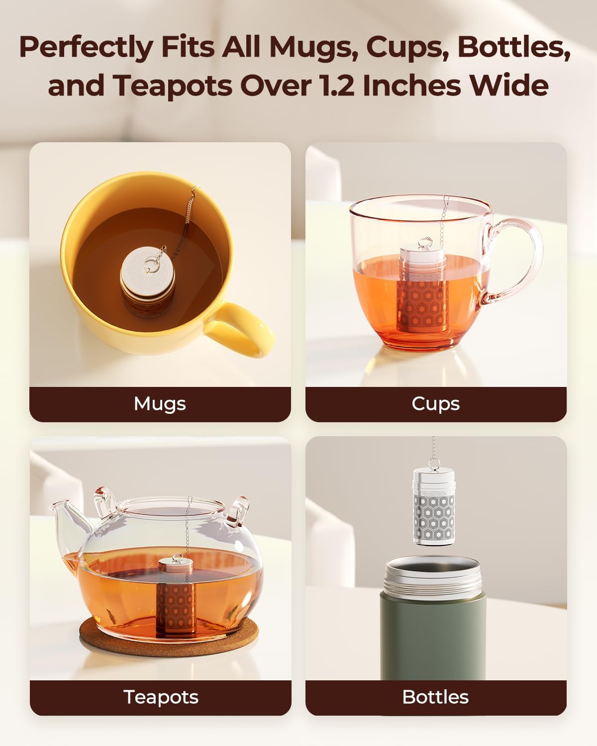 2 Pack Reinmoson Mini Stainless Steel Tea Strainer for Loose Tea 1.2”x2.2” | Extra Fine Mesh Tea Infuser for Loose Leaf Tea Steeper, Updated Slim Threaded Lid Tea Ball for Cup Mug Teapot Bottle Kettle