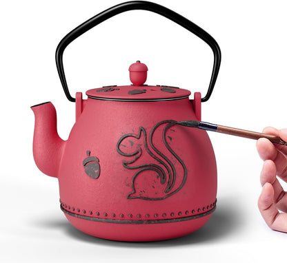 Toptier Teapot with Removable Infuser, Cast Iron Tea Kettle Stovetop Safe, Squirrel Design Tea Pot Coated with Enameled Interior for 32 Ounce (950 ml), Red