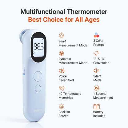 iHealth Infrared Digital Thermometer for Adults, Kids, Baby PT9L Blue | 3-in-1 Mode &amp; 3-Color Prompt, Fever Alarm &amp; Silent Mode, Forehead &amp; Object Detection, 40 Memory Storages