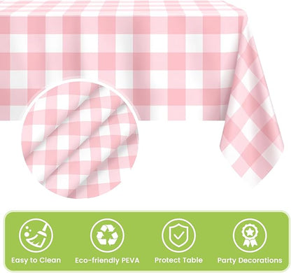Mulbozy 4 Pcs Pink Gingham Tablecloth 54 × 108 Inches Pink and White Checkered Table Cloth Disposable Plastic Waterproof Tablecover for Outdoor Picnic, Birthday Party, Holiday Dinner